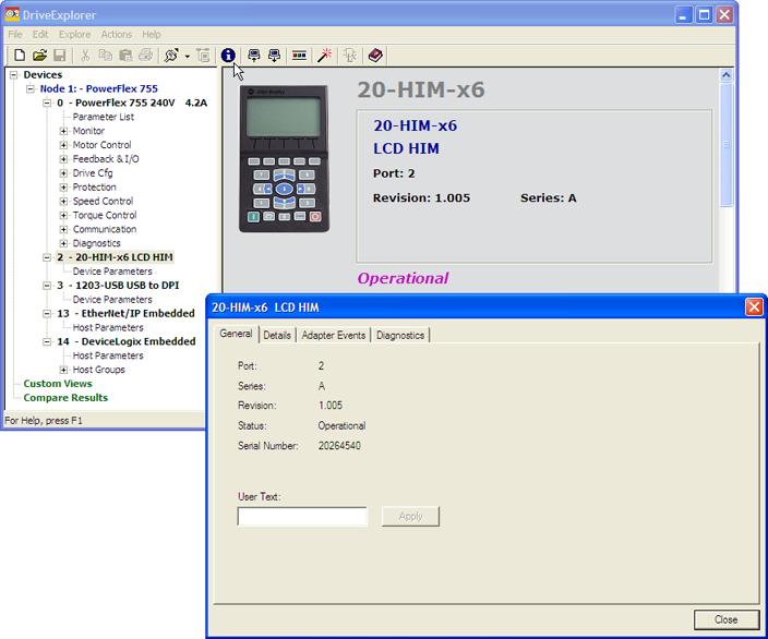 PowerFlex 20-HIM-A6 and 20-HIM-C6S HIM Firmware Revision 1.006 3 Using DriveExplorer Lite/Full Software 1. Launch DriveExplorer software. 2. Using a 1203-USB or 1203-SSS converter, go online with the drive that is connected to the HIM.