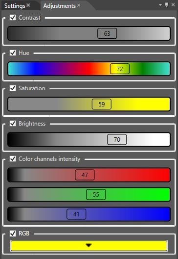 Adjustments You can define additional settings for Video scene such as Contrast, Hue, Saturation, Brightness, Color channels intensity or completely change color of the scene using RGB.