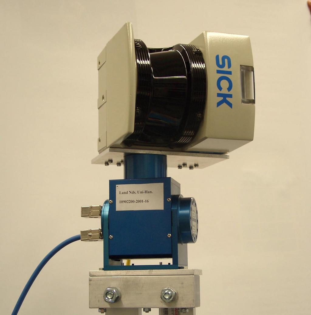 (see fig. 1). The alignment of the 2D laser scanner leads to a vertical base scan. The sensor is than turned around its upright z-axis to get a yawing-scan with a wide opening angle.