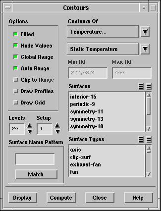 3. Display filled contours of static temperature (Figure 2.5). Display Contours... (a) Select Temperature.