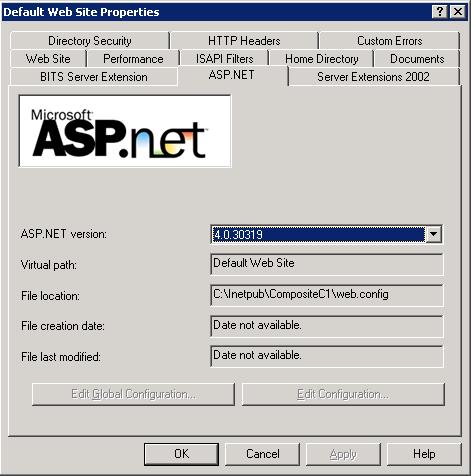 3. In the ASP.NET version field, select 4.0.319 (or a similar value - please see System Requirements ) Figure 9: Selecting the ASP.NET version for a C1 CMS website on IIS 6 2.