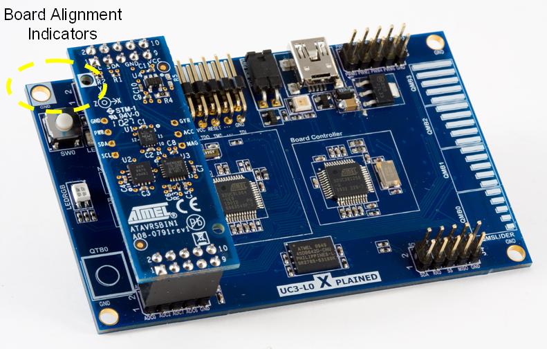 The Inertial Two Sensors Xplained development board must be attached to the correct headers on the Xplain MCU board to ensure proper operation.