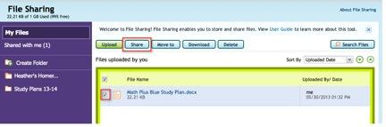 Select the file you d like to share by checking the box next to the file name Once the box is checked, the Share button will appear next to the Upload button above the file list Click Share to share