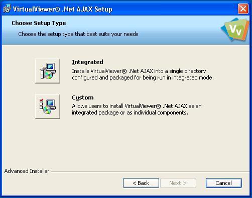 Chapter 1 - Getting Started VirtualViewer.NET AJAX Setup - Choose Setup Type Dialog Notes: Please note that this dialog will only appear if you are installing a non-integrated production installation.