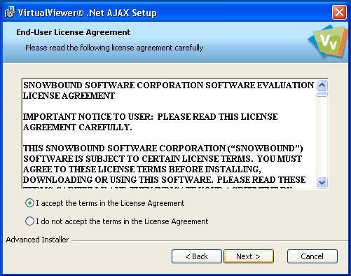 Chapter 1 - Getting Started VirtualViewer.NET AJAX Setup - License Agreement Dialog 5. Read the license agreement.