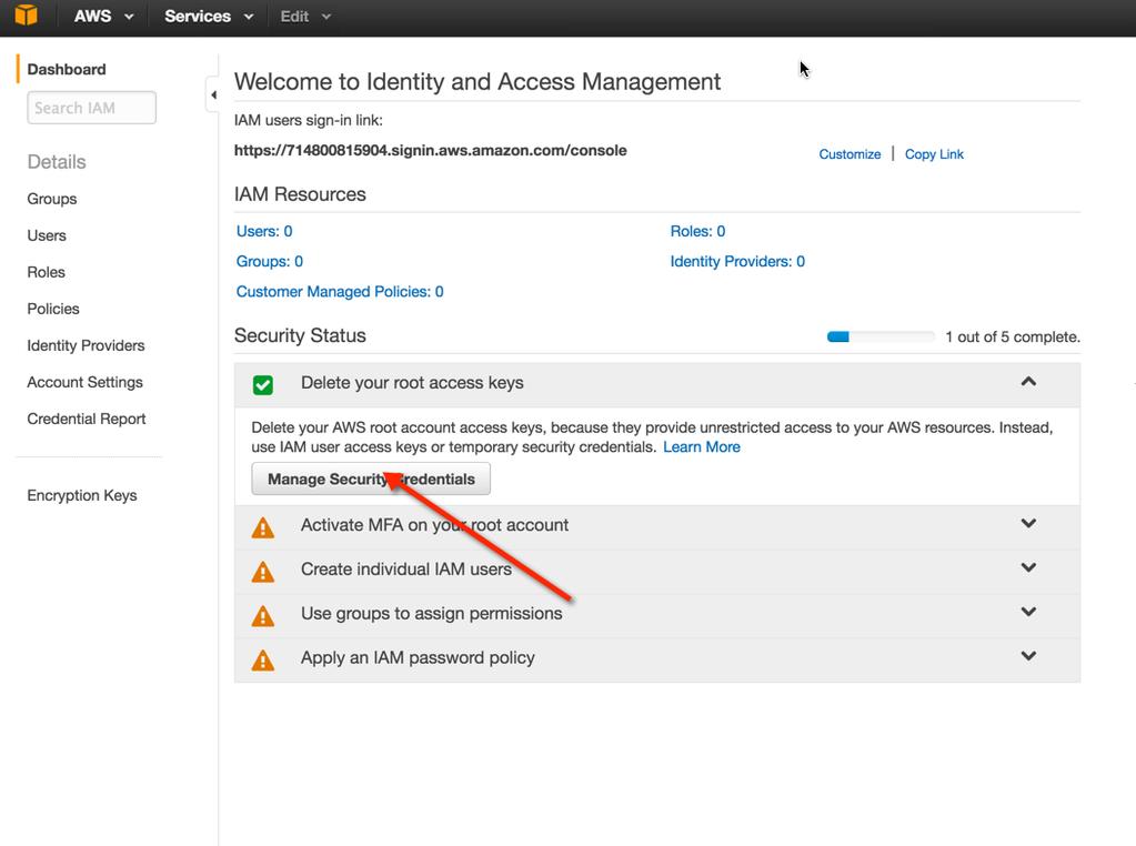 Expand the Delete your root access keys section and click on Manage Security Credentials.