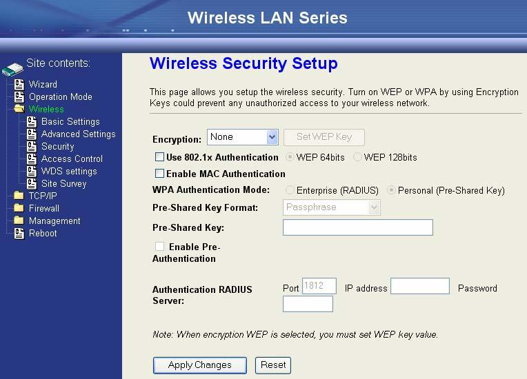 Configuring Wireless Security This device provides complete wireless security function include WEP, 802.1x, WPA-TKIP, WPA2-AES and WPA2-Mixed in different mode (see the Security Support Table).