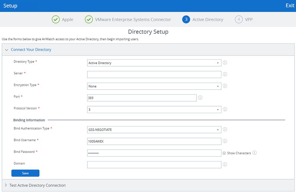 Chapter 2: Express Setup Set Up Active Directory The AirWatch Active Directory Setup screen prompts you to enter the settings for your existing active directory service, including server information