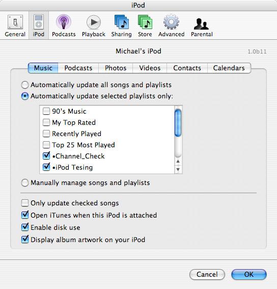 7. Select the Music tab, and make the selections shown below. Ok the popup dialog box asking if you are sure. 8. Click OK. itunes will begin copying the music to the ipod. USB Disk Mode Test 1.