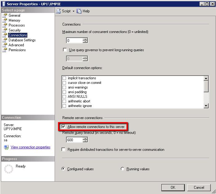 Post-installation setup and configuration 4. Click Connections and verify that the Allow remote connections to this server checkbox in the Remote server connections section is selected.