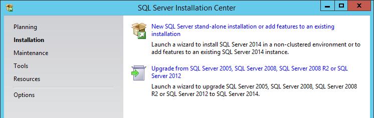 Installing SQL Server 2014 3. Click New SQL Server stand-alone installation or add features to an existing installation. 4.