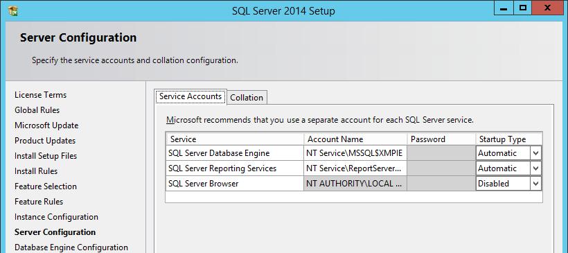 In the Server Configuration window, Service Accounts tab you can select the service accounts for the SQL Server actions.