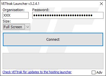 2.1.2 Run the VETtrak Launcher Double-click on the VETtrak Launcher icon, and you will be presented with the following login screen: To connect,