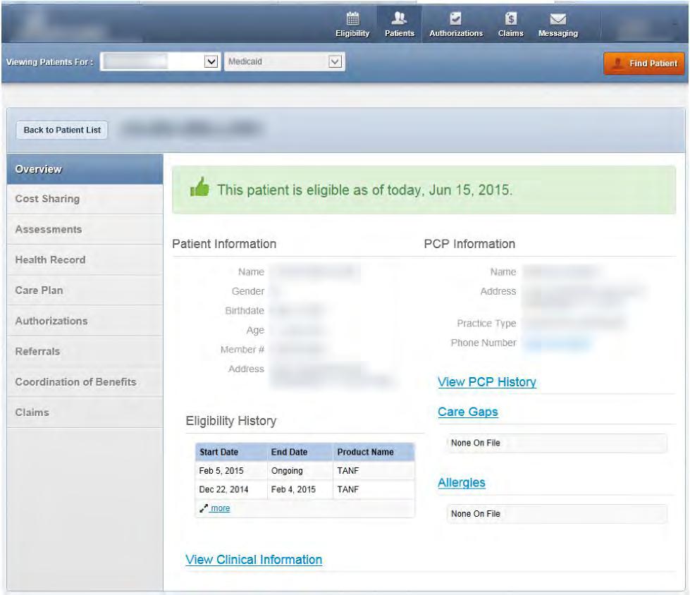 Overview Tab on Patient Record The Patient Record opens to the Overview tab and displays: Patient