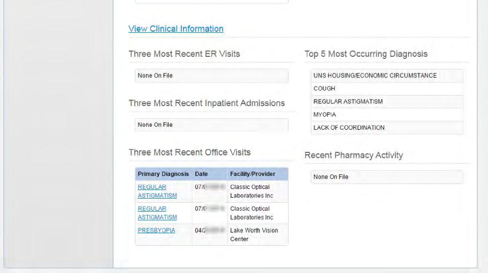View Clinical Information displays Three Most Recent ER Visits 5 Top Most Occurring Diagnosis Three Most Recent Inpatient Admissions Recent Pharmacy Activity Three Most Recent Office Visits Patient