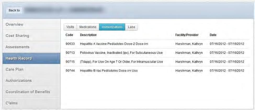 Click on Immunizations to view any vaccination received (i.e. Hepatitis, Influenza, etc.