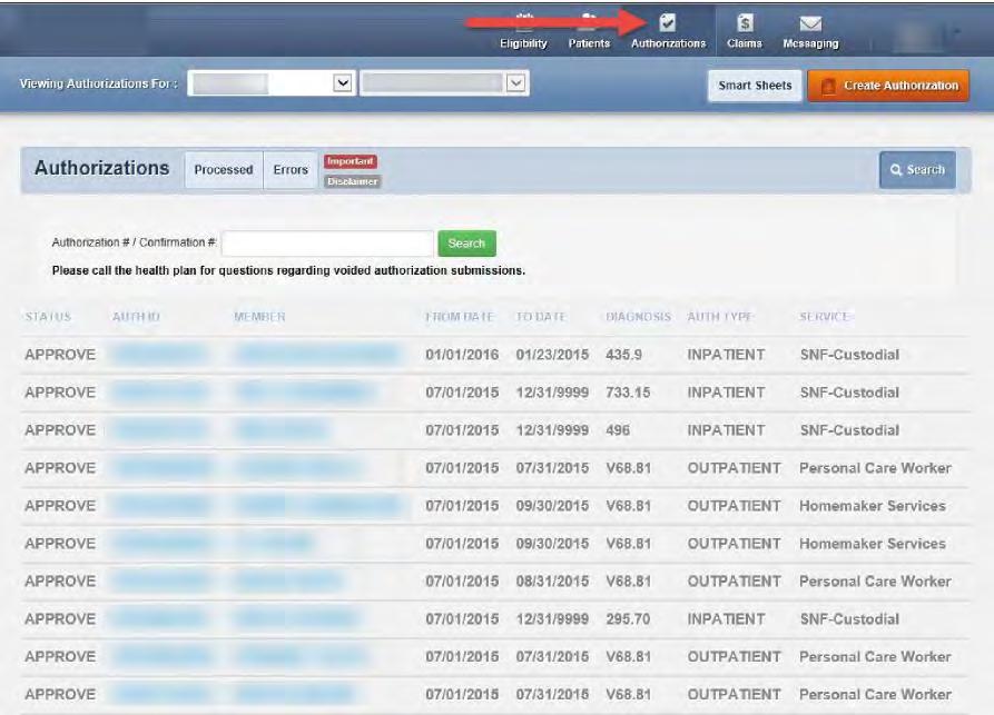 Authorizations All processed prior authorizations requests submitted within the last 90 days will display the status,
