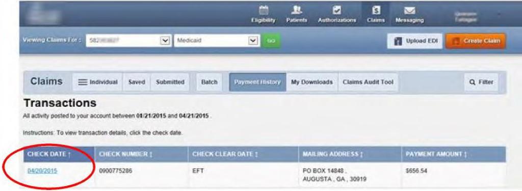Select Payment History to view the claims payment history.