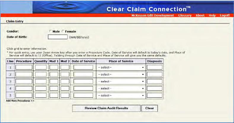 The Clear Claim Connection screen appears, allowing you to enter the Procedure Code, Quantity, Modifiers, Date and Place of Service, and Diagnosis for a claim proactively