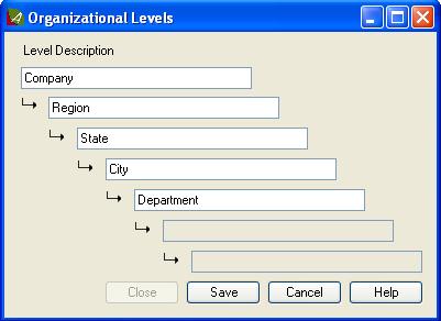 Step 2: Create organizational levels 1. From the Company menu, click Financials > Organizational Levels. 2. Enter the organizational levels between Company and Department.
