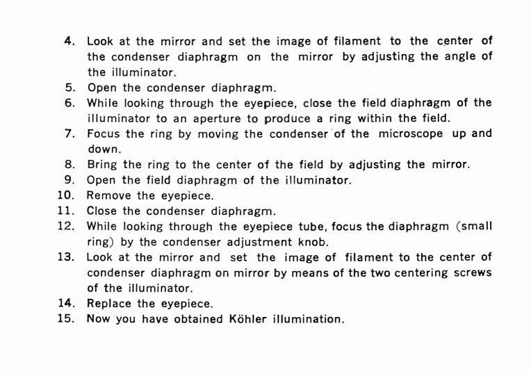 4. Look at the mirror and set the image of filament to the c.enter ot the condenser diaphragm on the mirror by adjusting the angle of the illuminator. 5. Open the condenser diaphragm. 6.