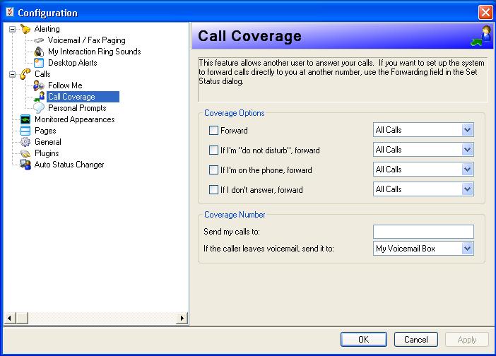 Configuration Options within Interaction Client You can set up the following client options from the configuration dialog box: Alerting - Settings for interaction alerts like ring phone, ring pc and