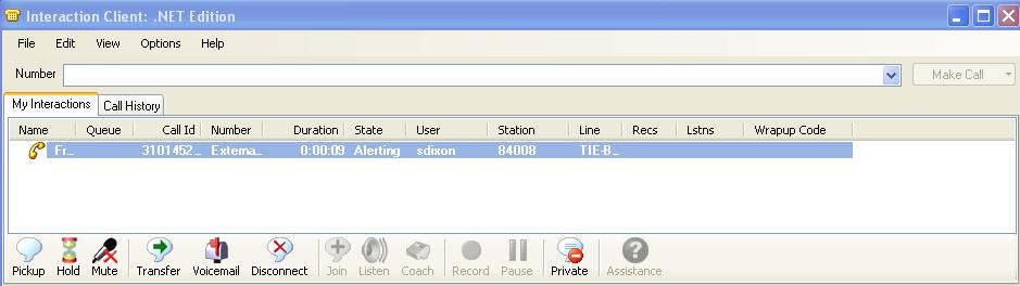 The user may toggle from an active call, to a holding call, for desktop call control. Call details are displayed in the My Interactions window.