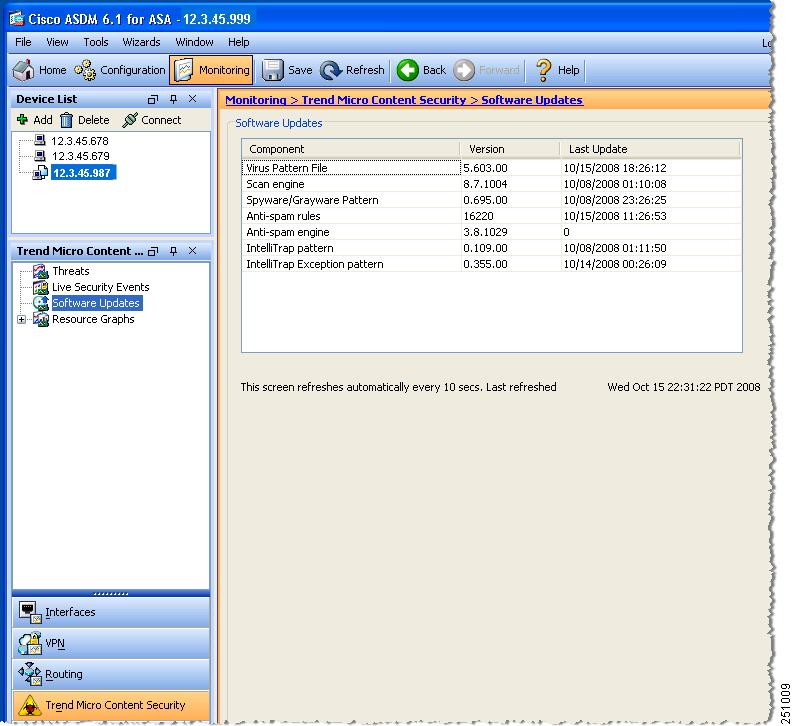Chapter 7 The component name, version number, and the date and time that the CSC SSM software was last updated appears.