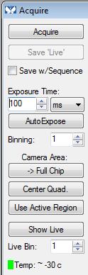 Live/Stop Live o Start/stop live mode Acquire images To acquire live mode press "Acquire" button Separate images can be recorded as separate images or in stack Tab: Display: Auto scale option o