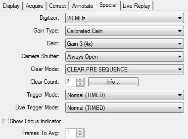 Tab Special: Adjust digital gain o Calibrated gain: 1, 2, 3 o Gain 3 (4x) is standard option Use Visual Gain to control