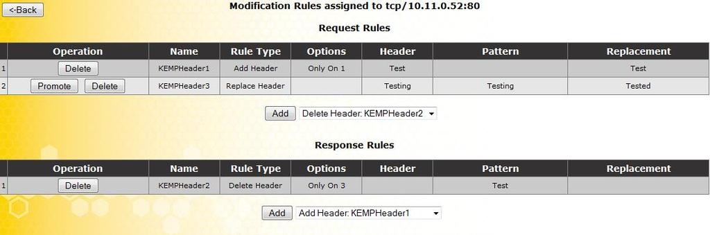 HTTP Header Modifications Clicking on the HTTP Header Modifications button displays the order in which Header Modification rules are implemented.