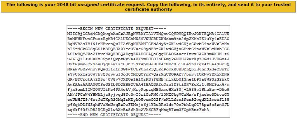 7. Copy the CSR into a file and send it to your Certificate Authority for signing. Unlike a non-fips certificate operation, the private key is never displayed or available during this process.