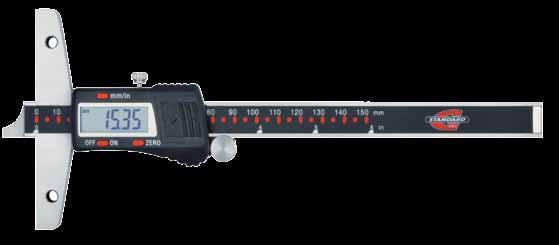 Depth caliper with vernier and FIXED stop plate Finely graduated for precise measurement. Stainless steel. Satin-chrome scale and vernier backgrounds. With fixed stop plate.
