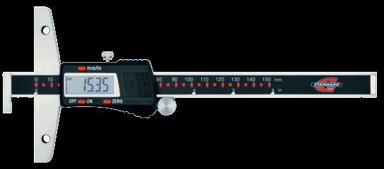 Electronic depth calipers with hook Stainless steel. Direct metric/inch conversion. Resolution 0,01 mm /.0005 in. Large LC display. Supplied in a suited case with inspection report.