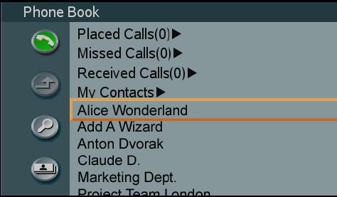 Using the Address Book To select a number from the address book, press the address book button. The following screen appears. The orange box indicates the position of the cursor.
