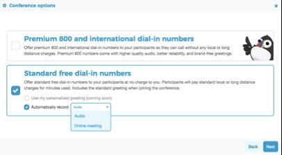 Select which types of dial-ins you want to select: Premium 800 international dial-in numbers (Premium).