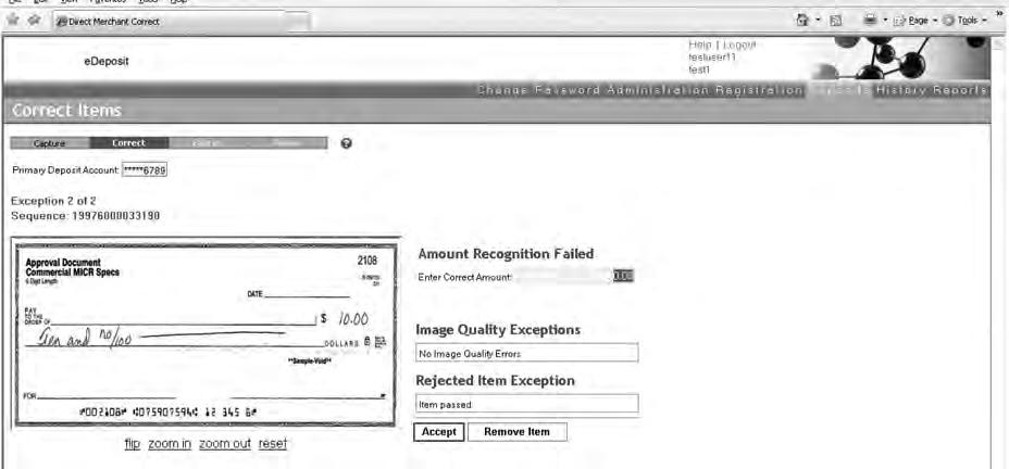 10. If any exceptions exist within the deposit, then the Correct Items webpage appears.