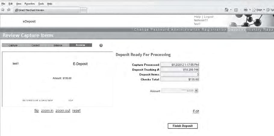 12. When the deposit is in balance, the Review Capture Items webpage appears.