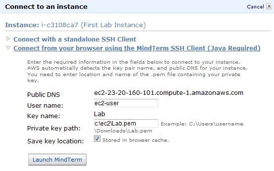 Make sure the User name is ec2-user, provide the location to your private key (C:\ec2\Lab.