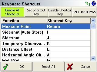 FieldGenius 2008 v3.2.0 Keyboard Shortcuts Main Menu Settings Keyboard Shortcuts You can now assign command shortcuts to keys on your data collector.