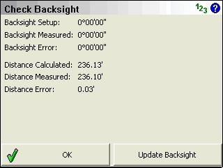 Survey Methods Menu This will exit the check shot function and not write anything to the raw file. Check Backsight Main Menu Survey Methods Check Backsight Use this to check your backsight.