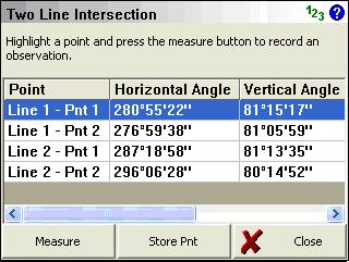 Survey Methods Menu reflectorless total station. Measure Points When you start the two line intersection command, you will see an empty list.