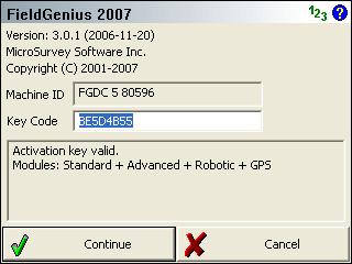 FieldGenius 2008 v3.2.0 Registration & Demo Mode When you start FieldGenius for the first time you will see the registration screen which will list the machine ID.