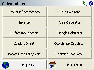 Calculations Menu Calculations Menu The calculation menu contains COGO based functions that can be used to compute points. Traverse / Intersection This will open the traverse / Intersect toolbar.