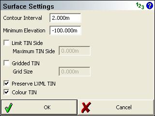 Data Manager Menu Surface Settings Main Menu Data Manager Surfaces Settings Use the surface settings screen to define settings that affect TIN, TGRID and Contours.