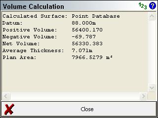 Data Manager Menu Calculate Pressing this will calculate and display the positive, negative and net volumes, the average thickness, and the area of the surface from either the selected datum