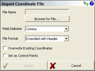 FieldGenius 2008 v3.2.0 ASCII Coordinate File Import Main Menu Import/Export ASCII Coordinate File Import Use this option to import a list of coordinates to the current project.