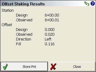 FieldGenius 2008 v3.2.0 Press Store Pnt to store a point for this shot and to write your stake and cut sheet records to the raw file.