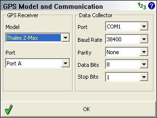 FieldGenius 2008 v3.2.0 GPS Model and Communication The Model and Communication settings are used to select the Make and Model of receiver, the port that the data collector is connected to.