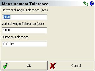 Total Station Reference Measurement Tolerance Main Menu Settings Instrument Selection Edit Total Station Profile Tolerance Settings Use this to set tolerances that are used when you re using the set